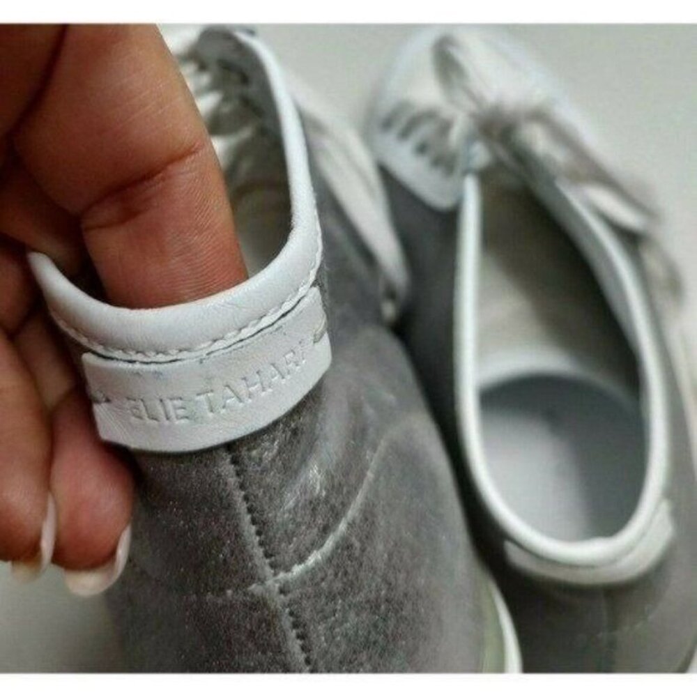 Elie Tahari High Top Sneakers 8 Silver Metallic White Leather - Picture 7 of 11